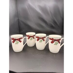 Arita Christmas Mugs Set of 4 Plaid Ribbon Goose Violin French Horn Bow Holiday